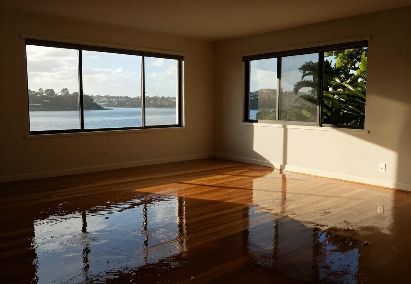 Water-damaged living room in Green Valley with soaked carpets and peeling paint